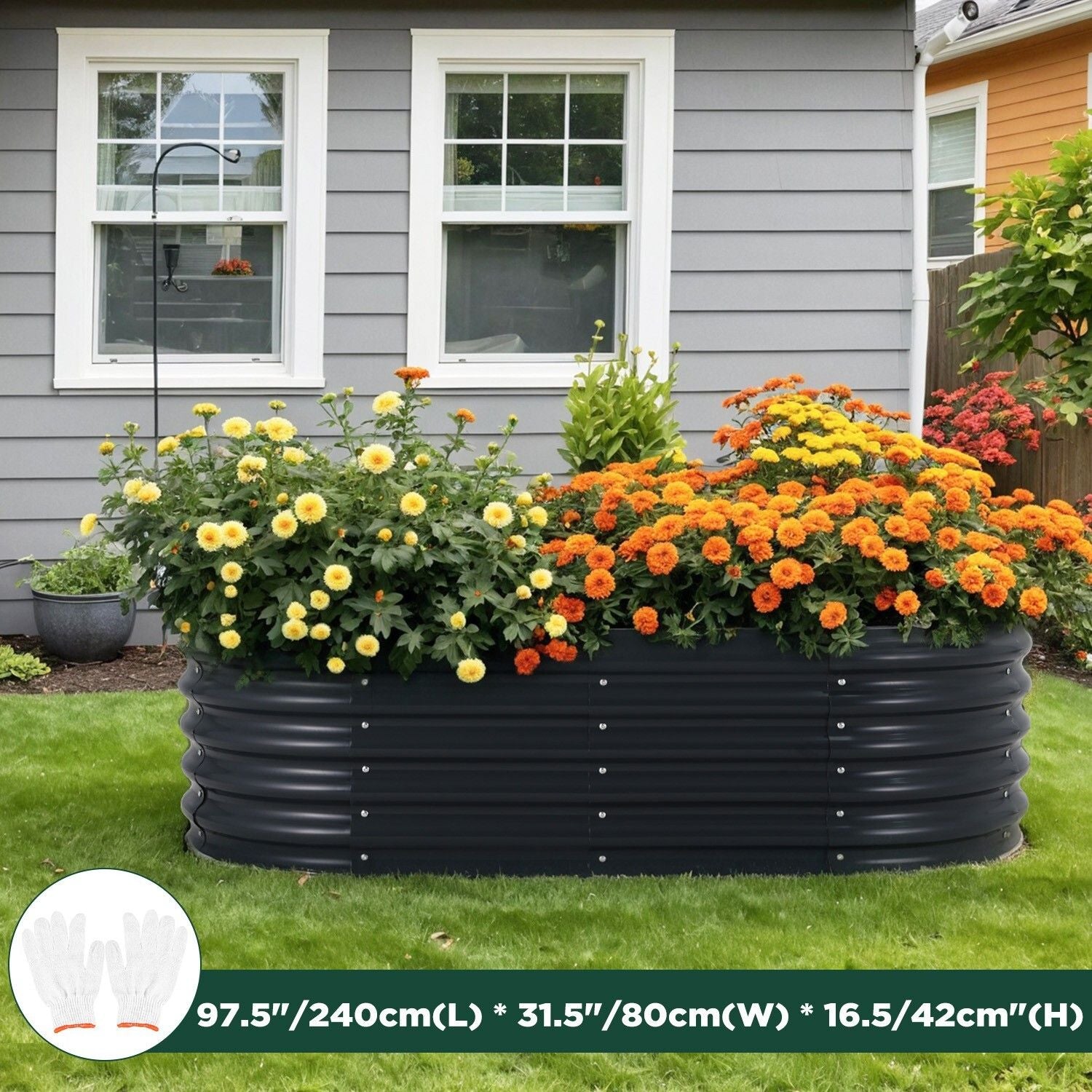 Oval Galvanised Steel Raised Garden Bed 240cm x 80cm x 42cm