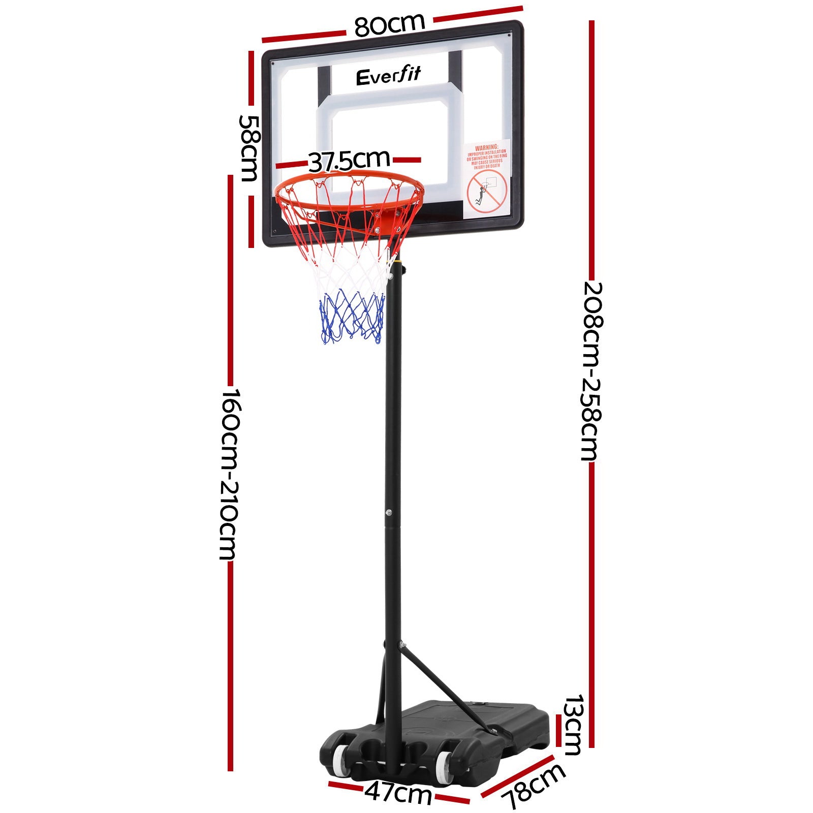 Everfit Portable Basketball Hoop and Adjustable Stand 2.1m Clear