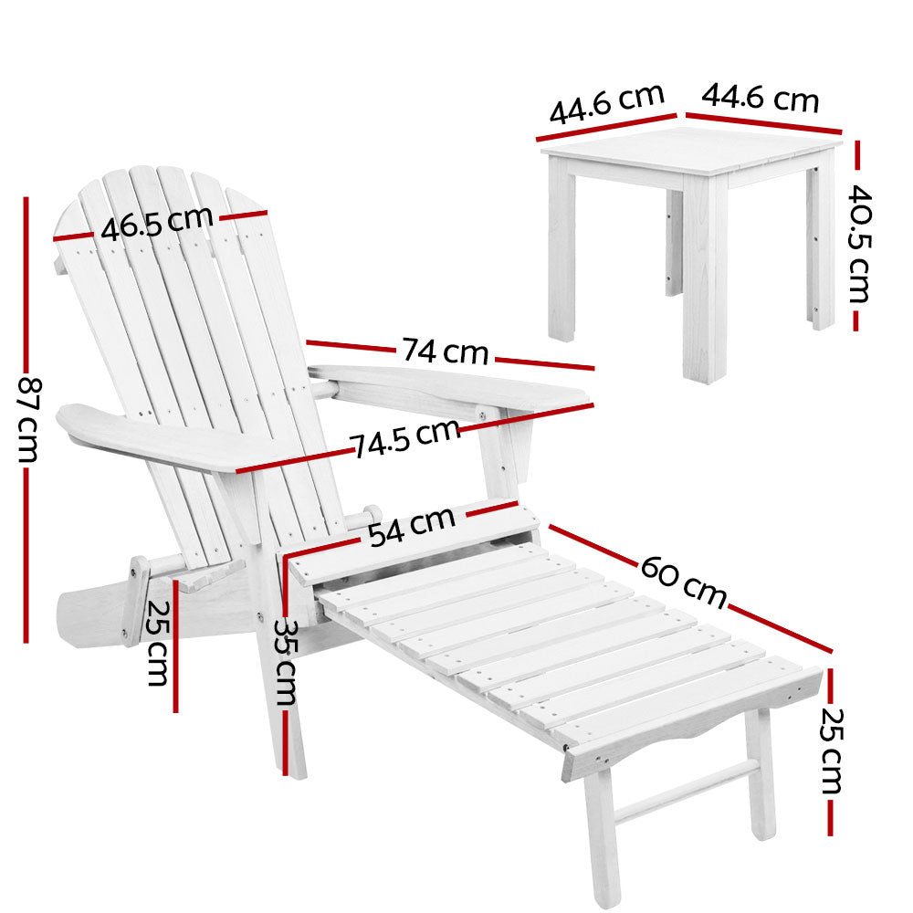 Gardeon 3pc Outdoor Table and Chairs Wooden Sun Lounger White