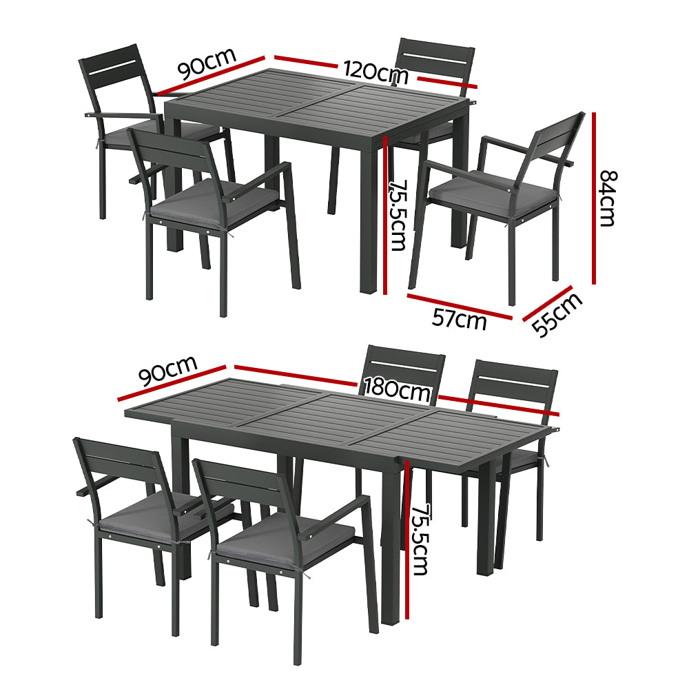 Gardeon 4-Seater Aluminium Extender Outdoor Table & Chairs Black