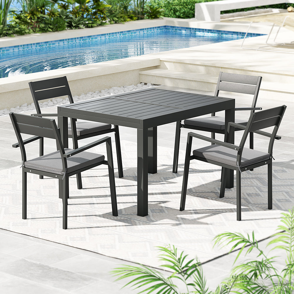 Gardeon 4-Seater Aluminium Extender Outdoor Table & Chairs Black