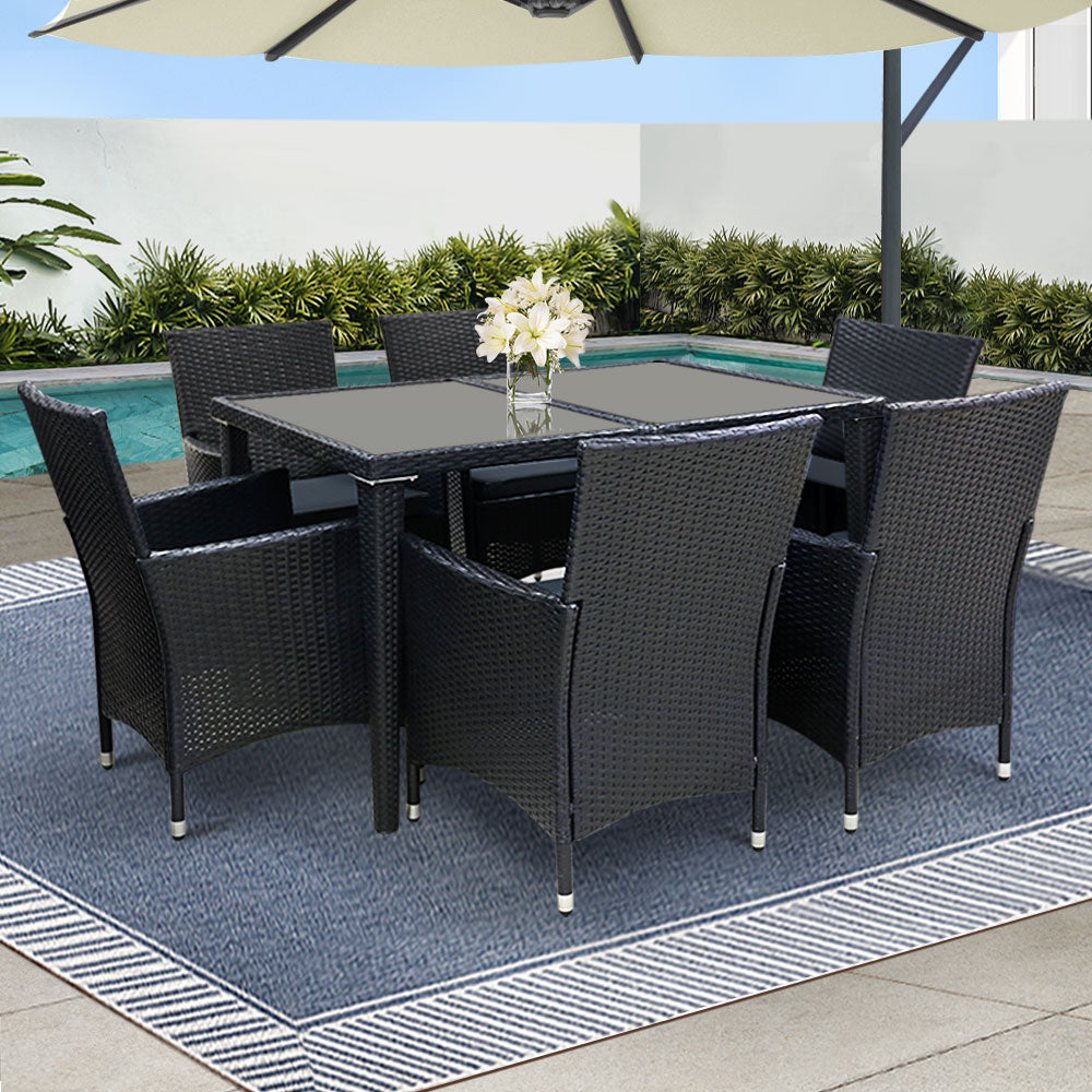 Gardeon 6-Seater Wicker Outdoor Table & Chairs Black