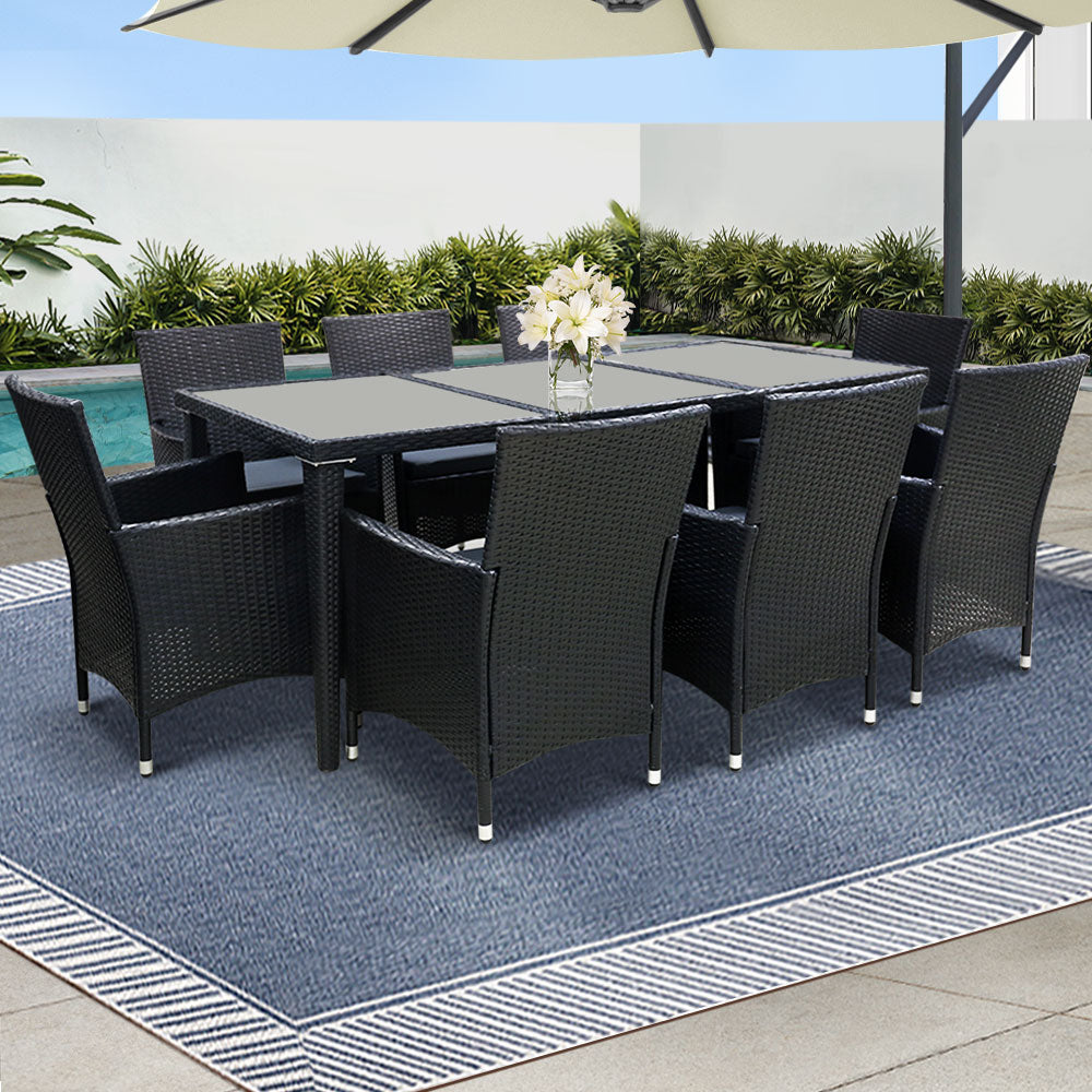 Gardeon 8-Seater Wicker Outdoor Dining Table & Chairs Set Black