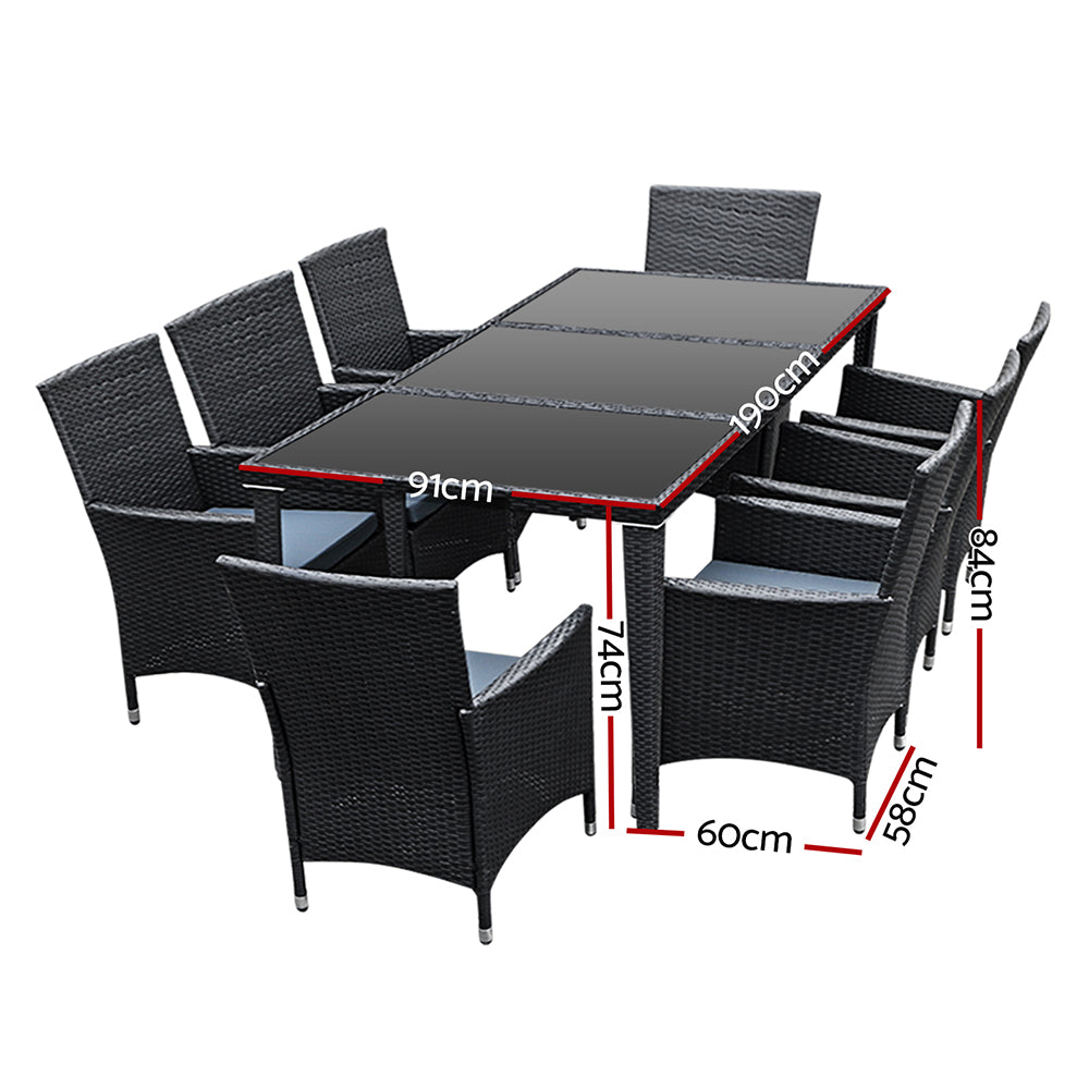 Gardeon 8-Seater Wicker Outdoor Dining Table & Chairs Set Black