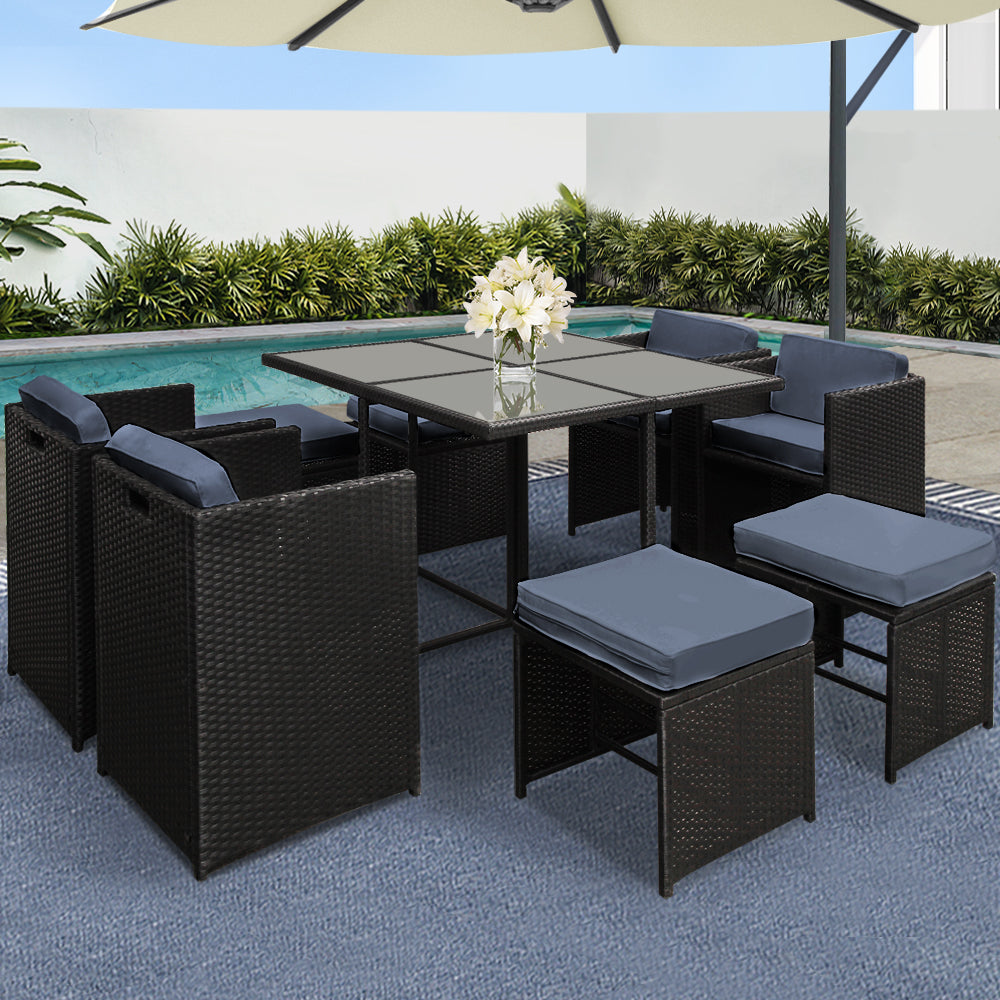 Gardeon 8-Seater Wicker Outdoor Table & Chairs Set Black