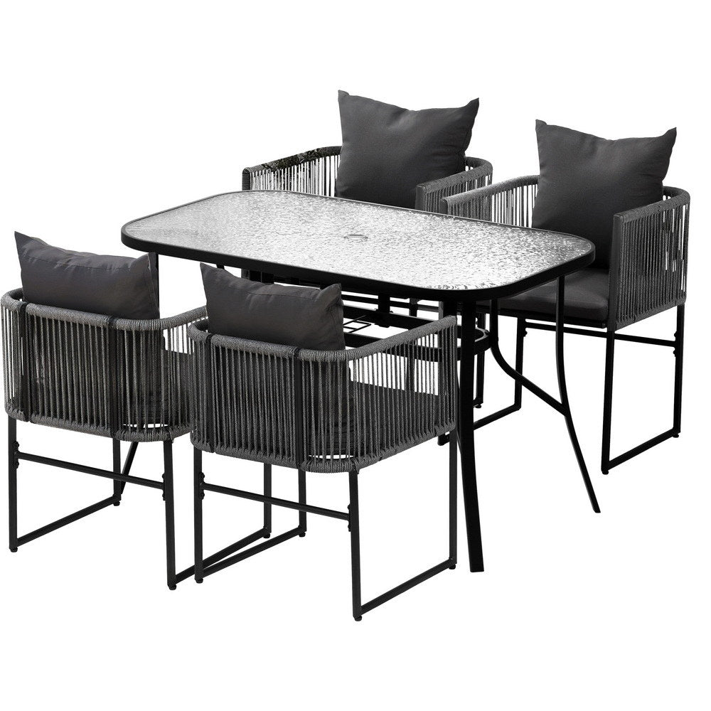Gardeon 4-Seater Outdoor Table & Chairs Rope Style 120 Black
