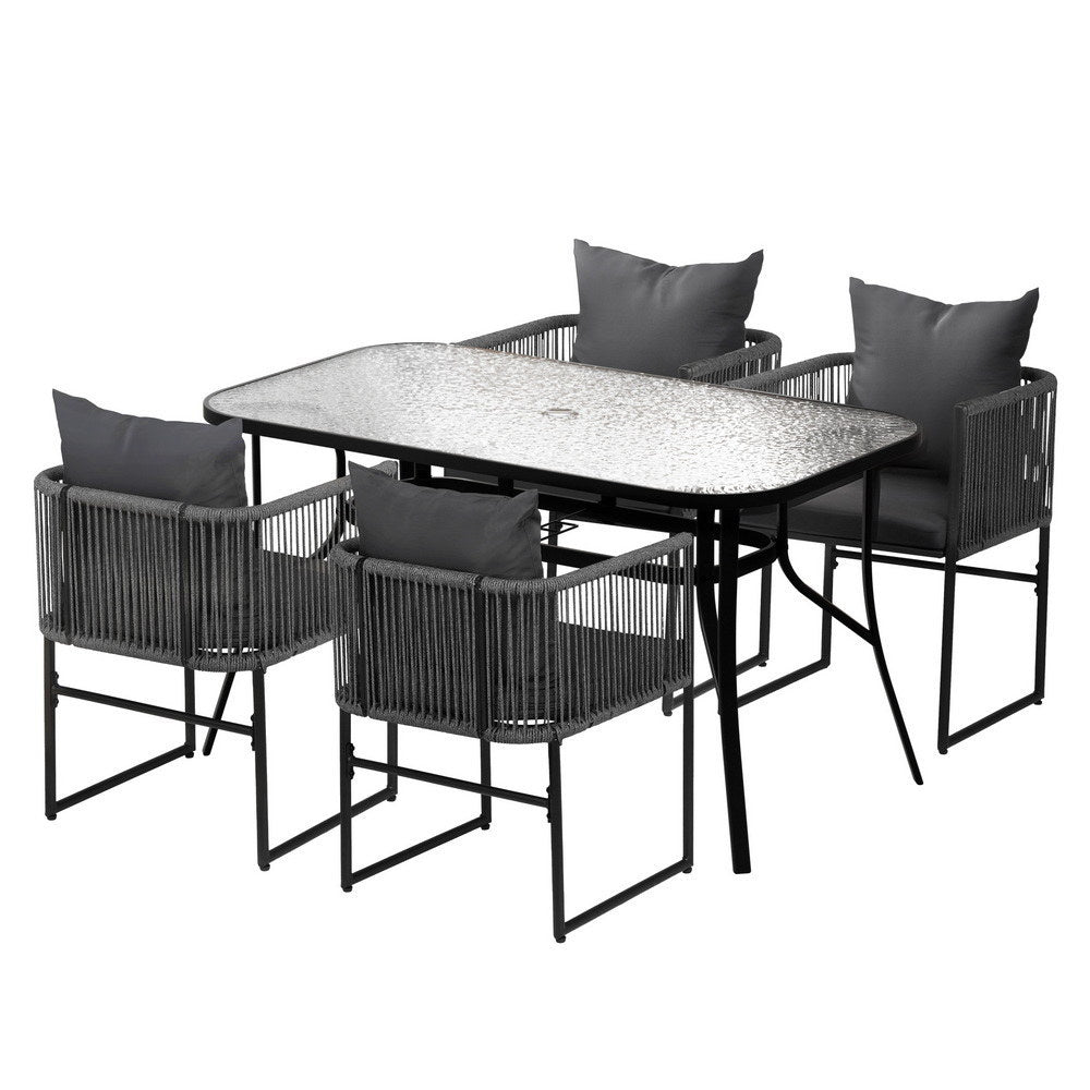 Gardeon 4-Seater Outdoor Table & Chairs Rope Style 140 Black