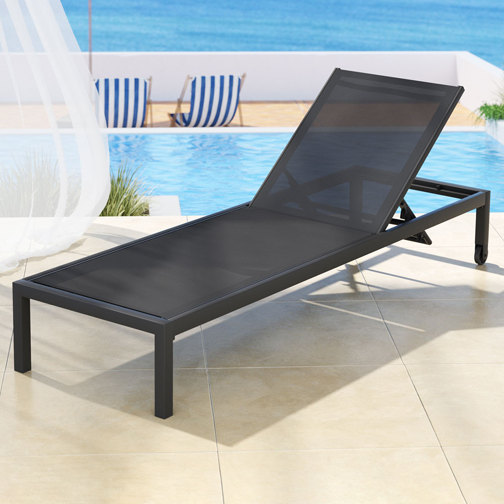 Gardeon Aluminium Sun Lounger with Wheels Black