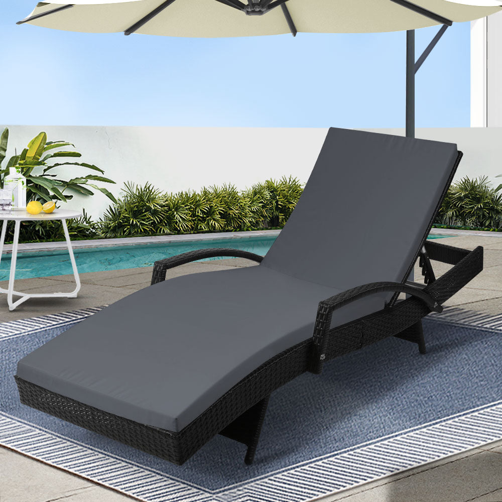 Gardeon Black Wicker Sun Lounger with Grey Cushion