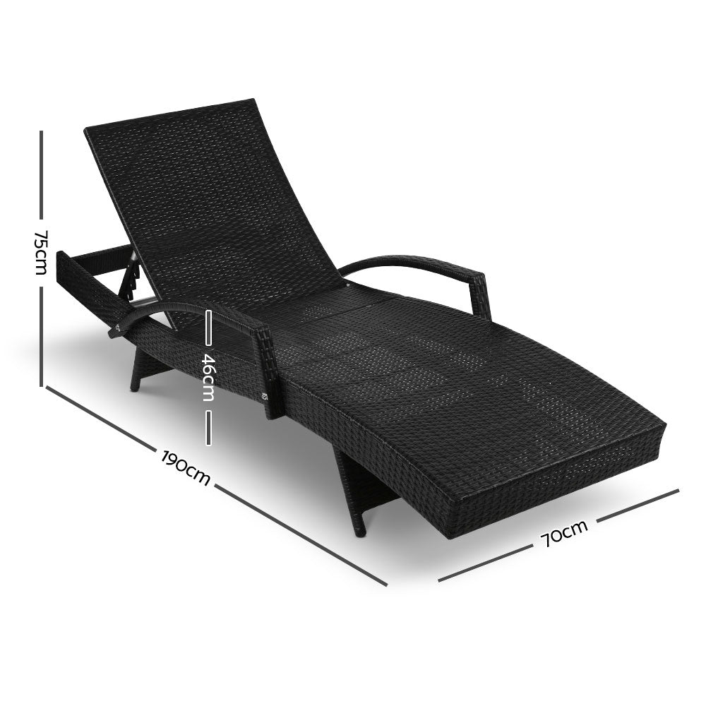 Gardeon Black Wicker Sun Lounger with Grey Cushion