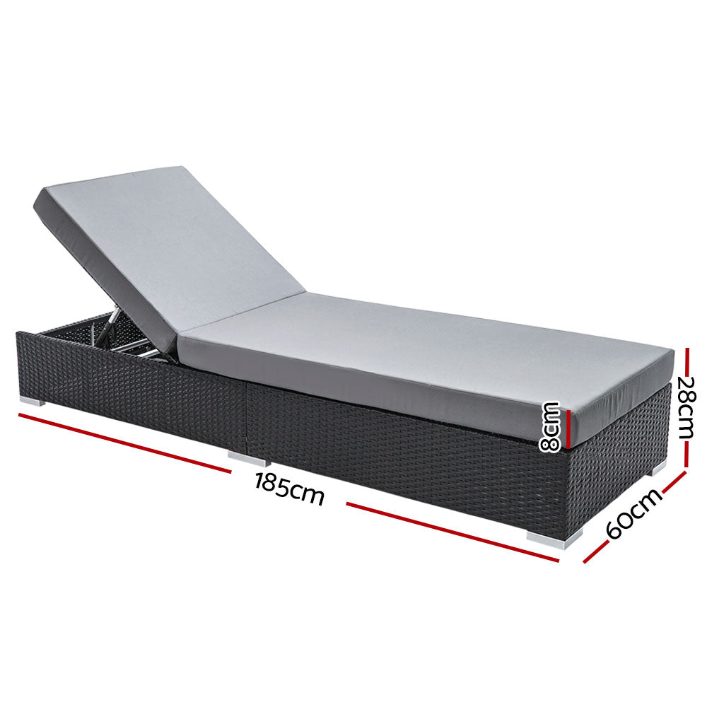 Gardeon Adjustable Wicker Sun Lounger with Grey Cushion