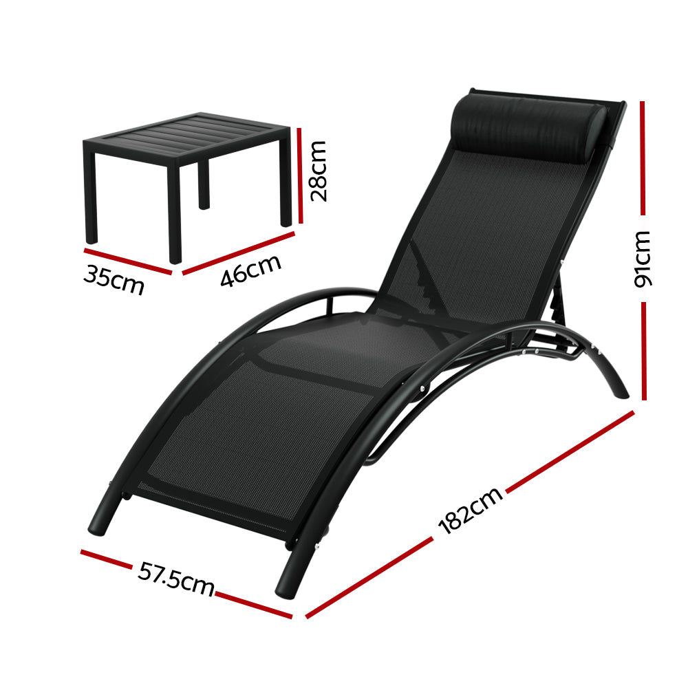 Gardeon 3pc Sun Lounger Set with Table Black