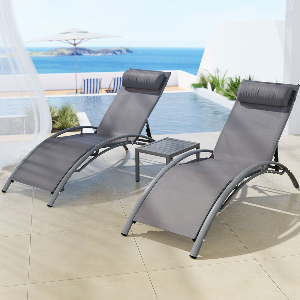 Gardeon 3pc Sun Lounger Set with Table Grey