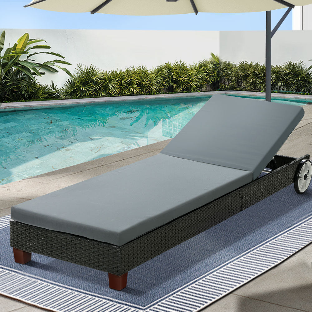 Gardeon Wooden Sun Lounger with Wheels Black