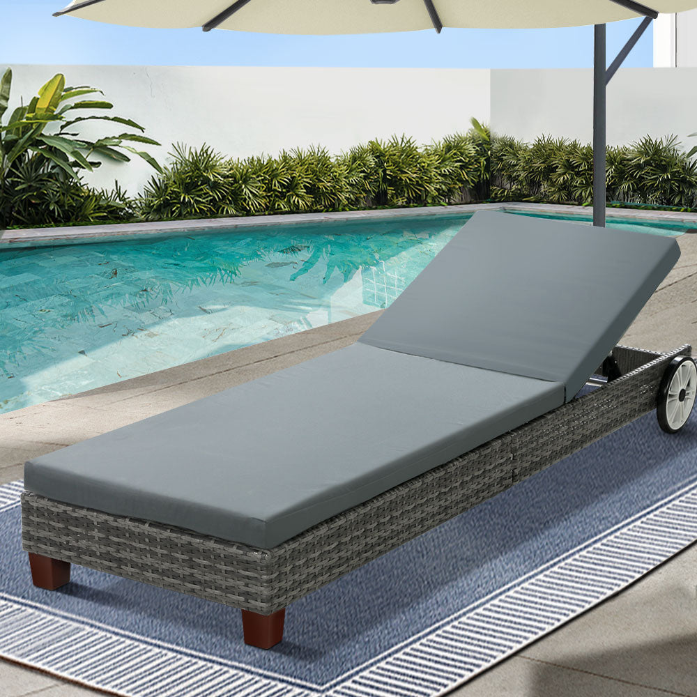 Gardeon Wooden Sun Lounger with Wheels Grey