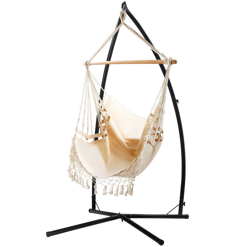 Gardeon Hammock Chair with Stand Tassel Cream