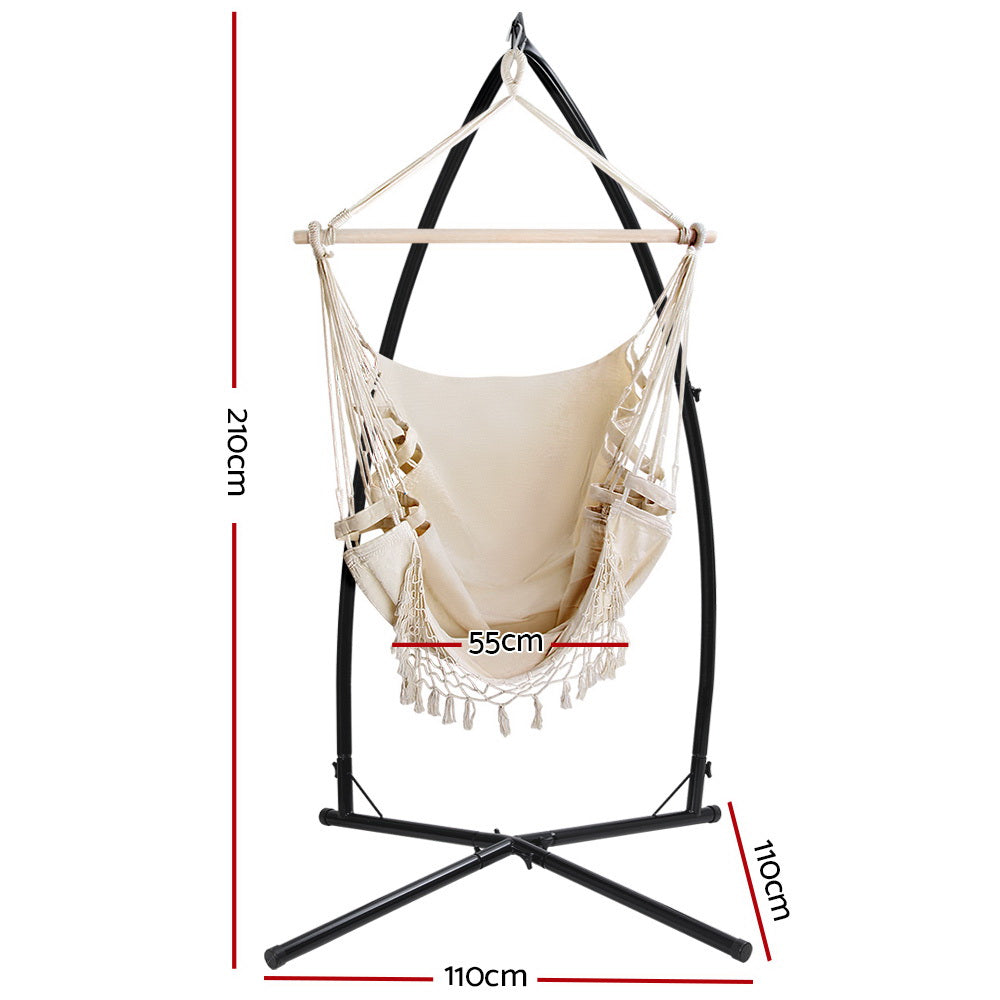 Gardeon Hammock Chair with Stand Tassel Cream
