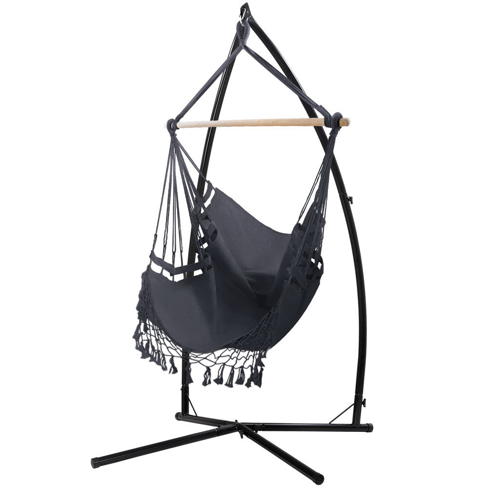 Gardeon Hammock Chair with Steel Stand Tassel Grey