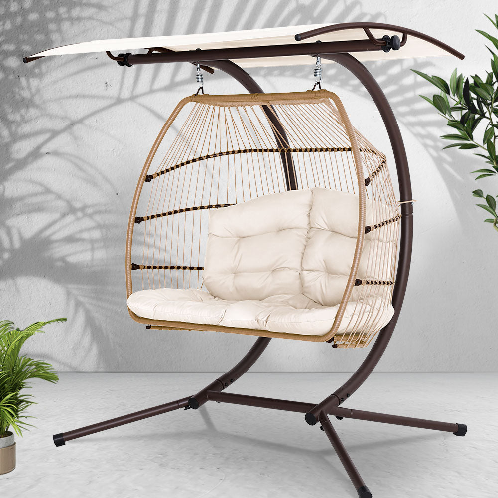 Gardeon 2 Seater Outdoor Egg Chair with Stand & Cushion Brown/Cream