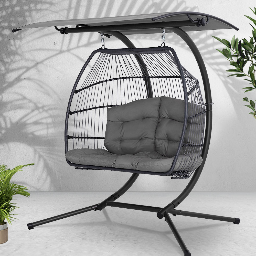 Gardeon 2 Seater Outdoor Egg Chair with Stand & Cushion Grey