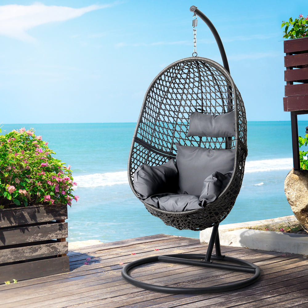 Gardeon Outdoor Egg Chair with Stand & Cushion Black