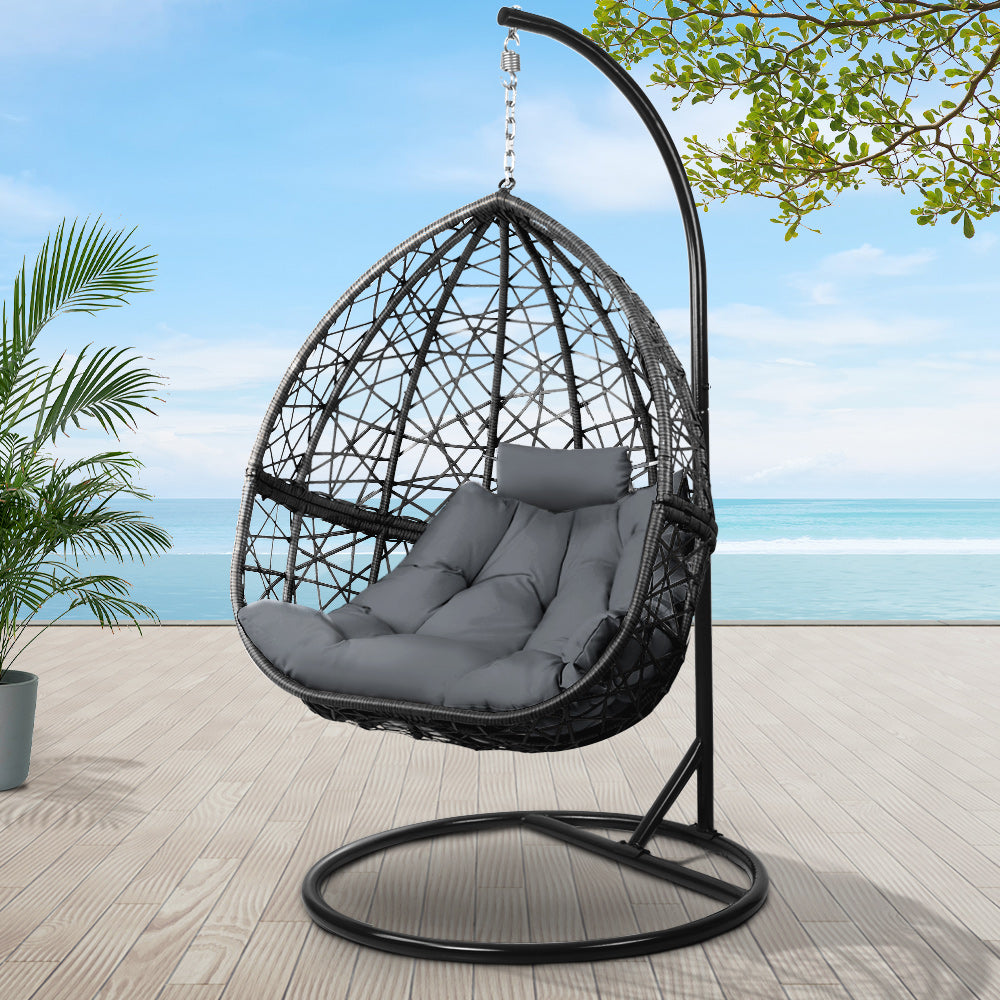 Gardeon Outdoor Egg Chair with Stand & Cushion Black/Grey