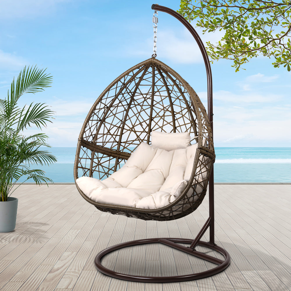 Gardeon Outdoor Egg Chair with Stand & Cushion Brown/Cream