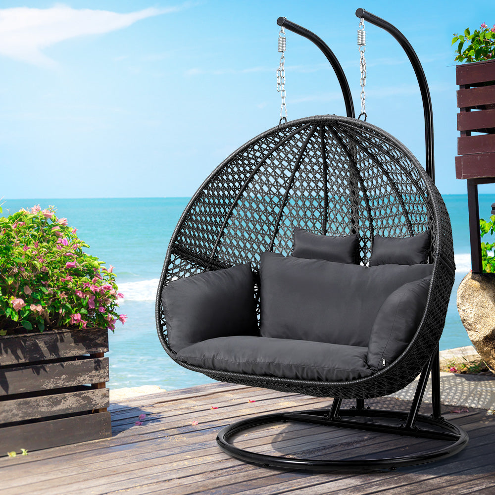 Gardeon 2 Seater Outdoor Egg Chair with Stand & Cushion Black/Grey