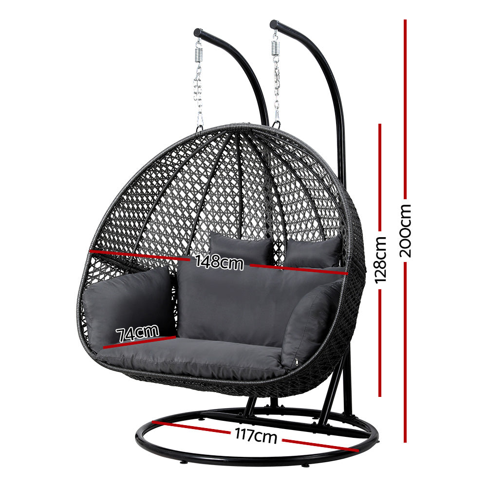 Gardeon 2 Seater Outdoor Egg Chair with Stand & Cushion Black/Grey