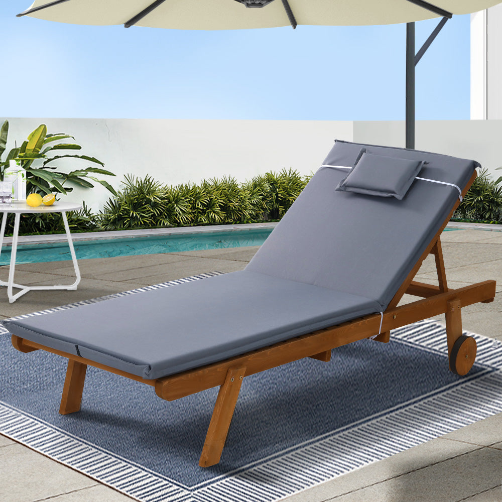Gardeon Wooden Sun Lounger with Wheels Wood/Grey