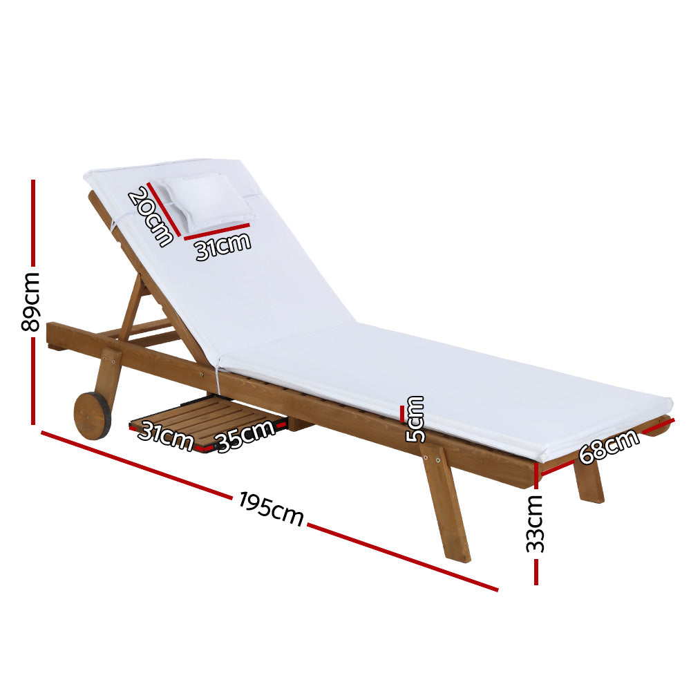 Gardeon Wooden Sun Lounger with Wheels White