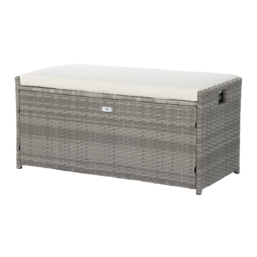 PE Wicker Outdoor Storage Bench Seat with Cushion Grey
