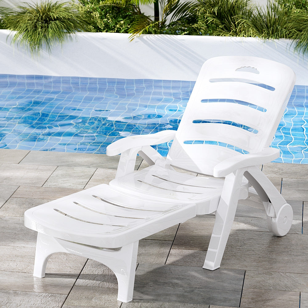 Gardeon Folding Sun Lounger Chair with Wheels White