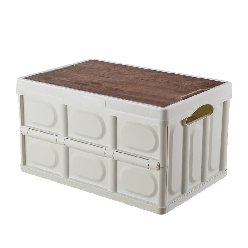 Collapsible Camping Storage Box with Wooden Lid 30L White