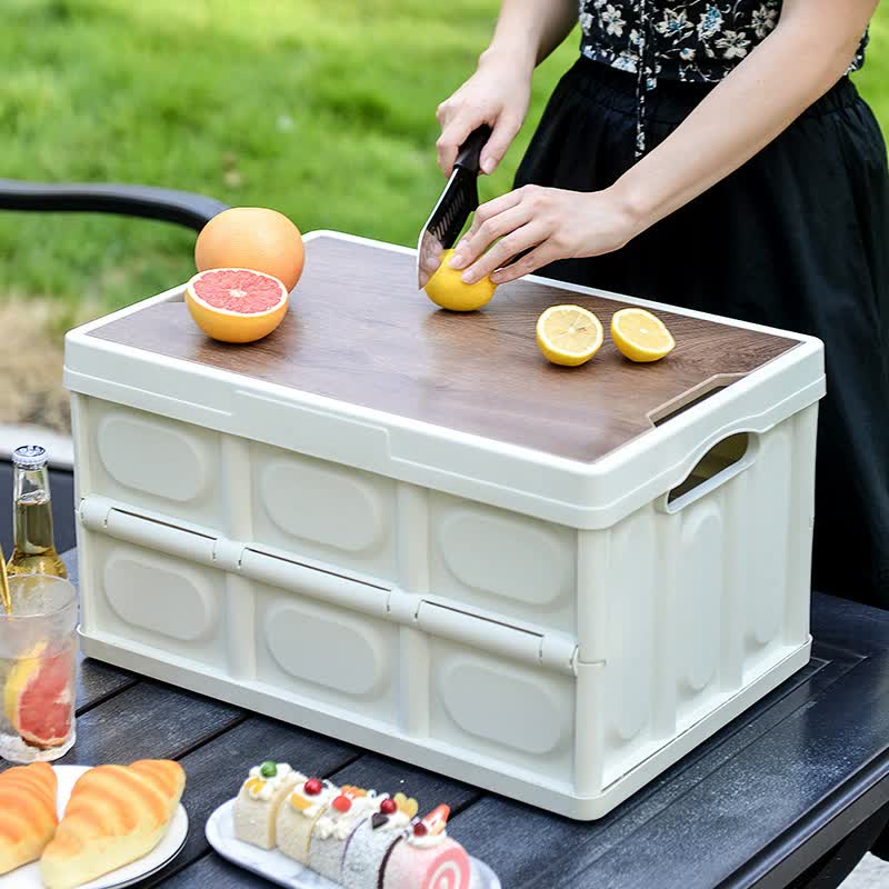 Collapsible Camping Storage Box with Wooden Lid 30L White