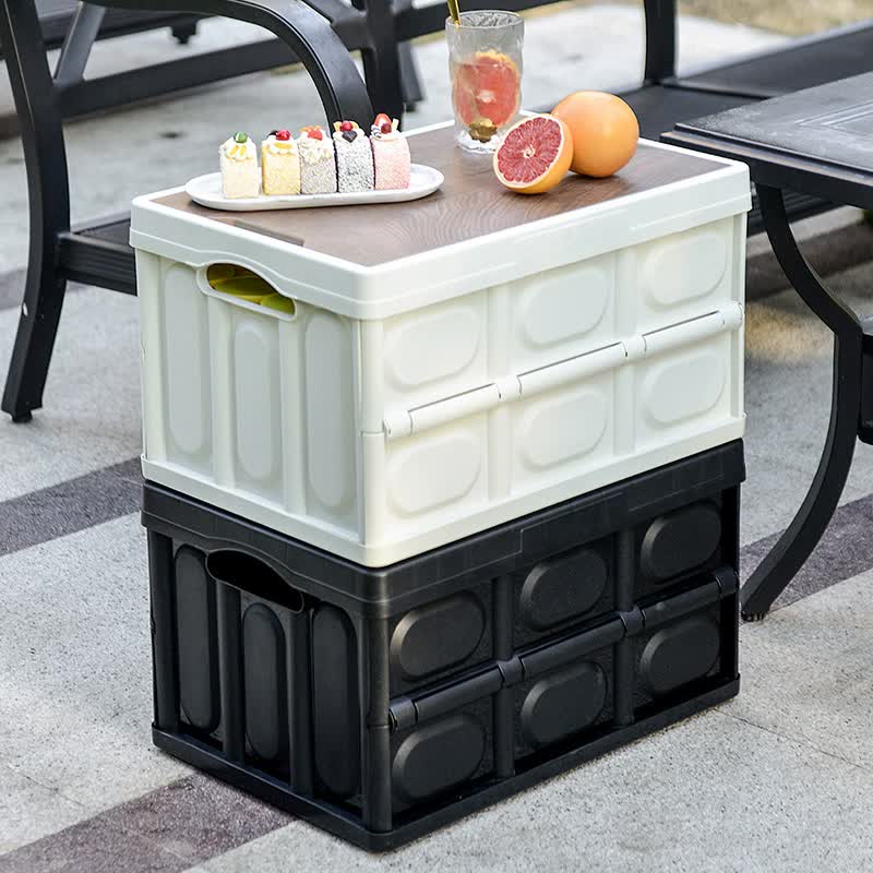 Collapsible Camping Storage Box with Wooden Lid 30L Black