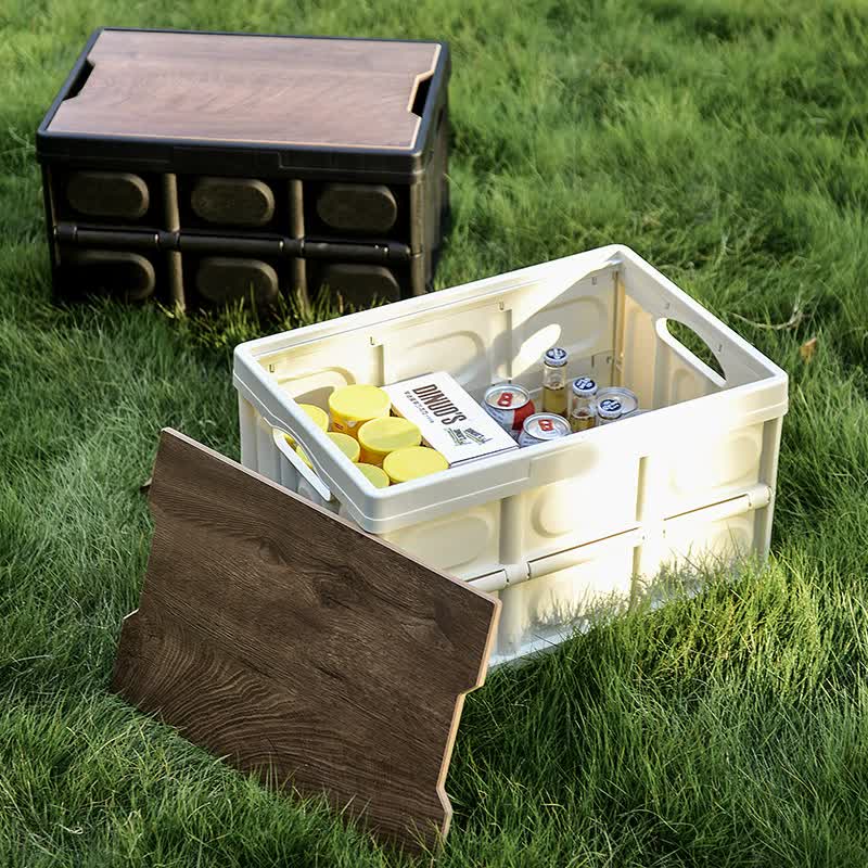 Collapsible Camping Storage Box with Wooden Lid 30L Green